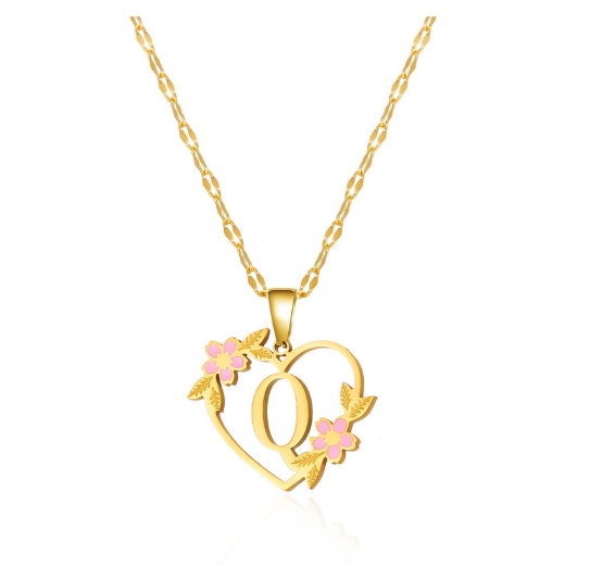 18K Gold Non Fading Letter Necklace Stainless Steel Personalized Initial A-Z Pendant Flower Non Black Necklace Jewelry Gift for Women Girlfriend Q