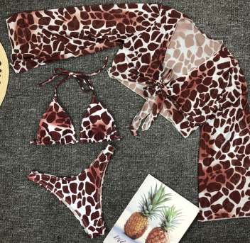 Sexy Long Sleeve Leopard Printed Three Piece Bikini Halterneck Swimwear Swimsuit