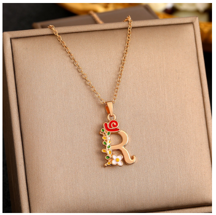 26 Letter Gold Pendant Necklace Dropped Oil Flower Animal Letter Necklace Fashion Men's and Women's Gift Wholesale R