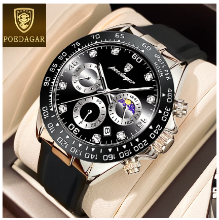 POEDAGAR multifunctional chronograph watch for men waterproof 2023 sale original fashion silicone sports watch luminous Watch BLACK