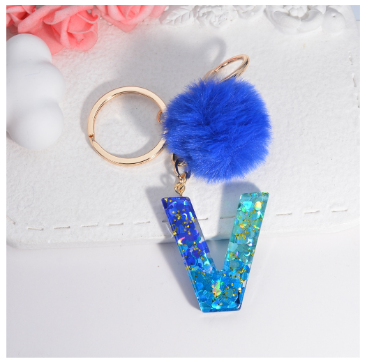 Exquisite Blue Pompom A-Z 26 Letter Keychain Glitter Heart Sequin Filled Initials Keyrings Bag Accessories Charm Car Keyholder V