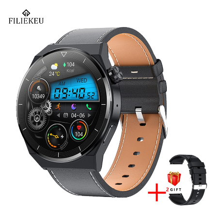 FILIEKEU NFC Smart Watch HD AMOLED Screen Support Ecg Plus Ppg Wireless Charging Bluetooth Call Ip68 Waterproof Smartwatch LEATHER BLACK
