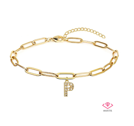 Hwetr Fashion 26 A-Z Initial Bracelet For Women Classic Zircon Letter Pendant Paper Clip Chain Bracelet Jewelry Accessories Gift P