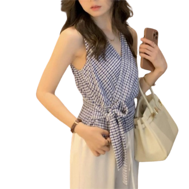 Lovito Women Casual Plaid Wrap Lace Up Tank Top LNA27141 (Blue)
