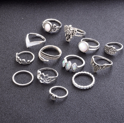 13pcs Boho Women's Opal Elephant Lotus Leaves Stacking Midi Ring