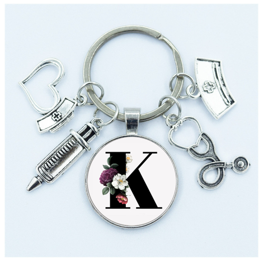1Pcs Creative Stethoscope Syringe 26 Letter Keychains Nurse Cap Initials Metal Keyrings Bag Ornaments Charms Gifts Souvenir K