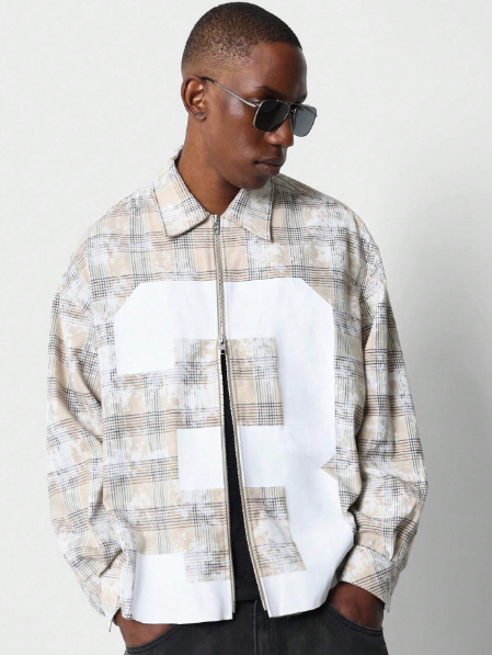 SUMWON Checkered Zip-Through Shirt With Front Number Graphic Print