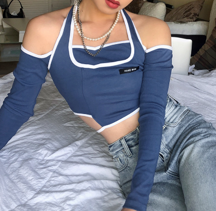 Korean Style Irregular Halter Long Sleeve Cropped Tshirt