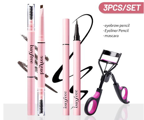 Bayfree Double Triangle Definer Eyebrow Pencil +Black Liquid Eyeliner Waterproof +Purple Eyelash curler Make Up Set