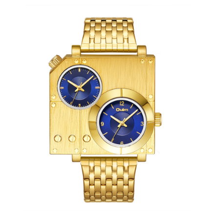 Oulm Square Personality Casual Large Dial Men's Watch Double Time Zone Steel Band Quartz Men Gold GOLDEN BLUE
