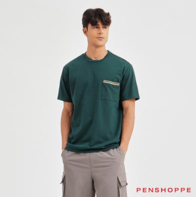 Penshoppe Relaxed Fit Textured Knit T-Shirt With Pocket For Men (Dark Green/Maroon)