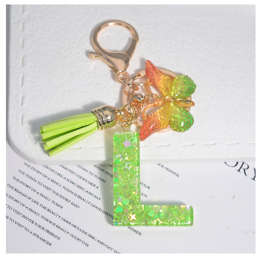 Glitter Green 26 Letter Resin Keychain Fashion Sequin Filled A-Z Alphabet Keyrings For Women Car Key Holder Accessories Souvenir L