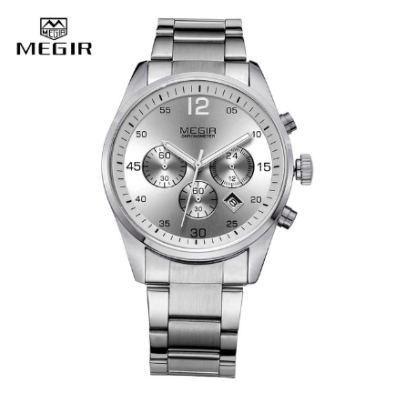 MEGIR Black&Silver Full Steel Business Quartz Analog Men's Wristwatch Waterproof Chronograph 03