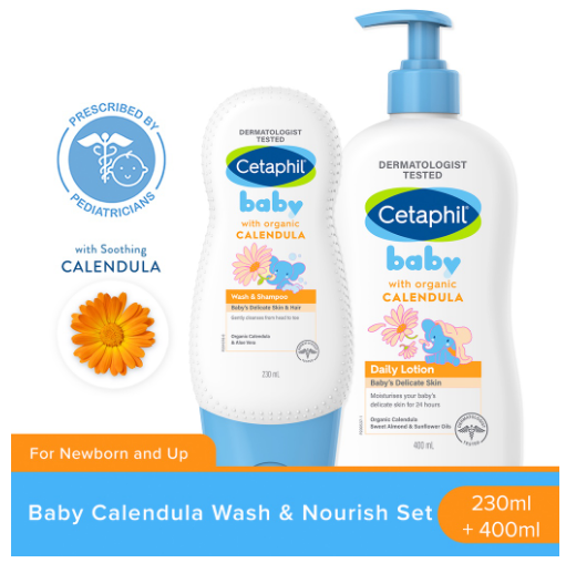 New! Cetaphil Baby Calendula Wash and Nourish Set(Gentle Wash&Shampoo 230ml+Baby Daily Lotion 400ml)
