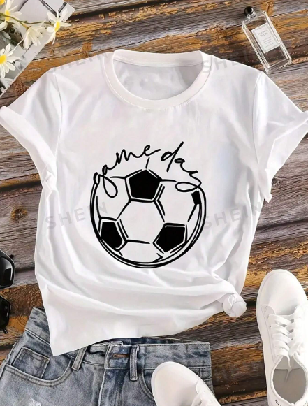 SHEIN Essnce Football Game Day Printed T-Shirt, Women's Short Sleeve Casual Tee, Spring/Summer