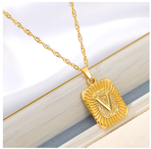 Maxzone Initial A-Z Letter Necklaces Unisex Charm Luster Gold Medal Capital Letter Necklace Pendant For Women Men Jewelry Gift V