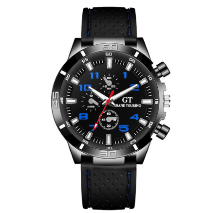 Men Sports Watch Black Silicone Band Quartz Watches BLUE