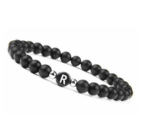 6mm Black Frosted Stone Beaded Bracelet Unisex 26 Initials Letters Name Bracelet With Elastic Rope For Couple Friendship Gifts R