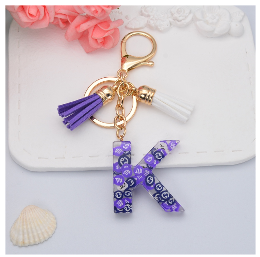 New 26 Letters Constellation Symbol Slice Resin Keychain Charms Women Handbag Ornaments With Tassel Key Ring Accessories Gift K