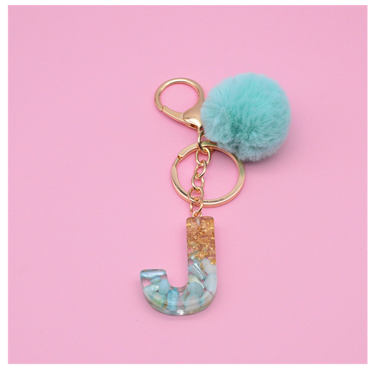 Cute Keyring Green Pompom Fur Ball 26 Letter Keychain Resin Key Chains Handbag Charms For Woman Ornaments Accessories Gift J