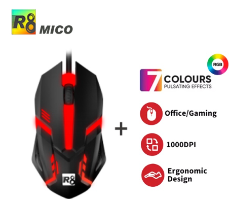 R8MICO M1602 Gaming Mouse 7 Colors LED Optical USB 3 Buttons USB Mouse Wired Gaming Mouse