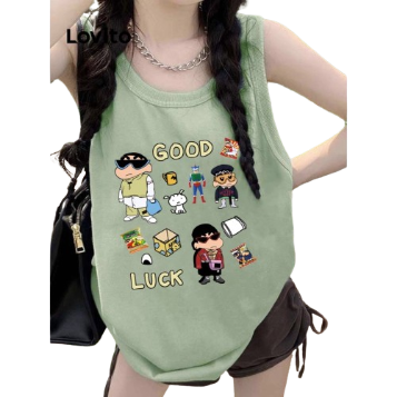 Lovito Women Casual Cartoon Sleeveless Tank Top LNA27366 (Green)
