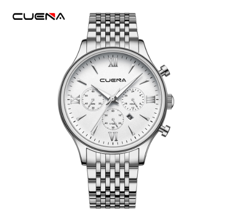CUENA men's watch original brand luxury business simple quartz waterproof Watch SILVER WHITE