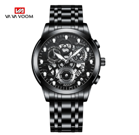 VA VA VOOM Original Watch for Men's Waterproof Stainless Steel Quartz Watches Fashion Business Date Wristwatch BLACK