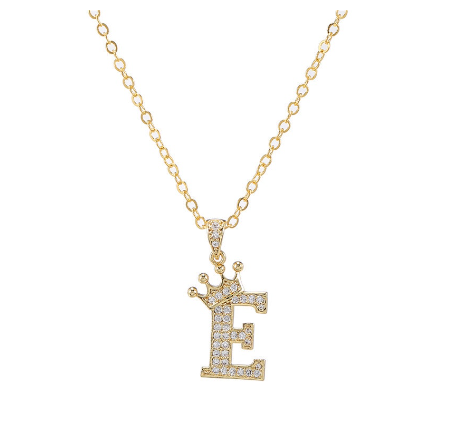 Luxury Crystal Zircon Alphabet Pendant Necklaces for Women Men Gold Crown Initial Letter Necklace E