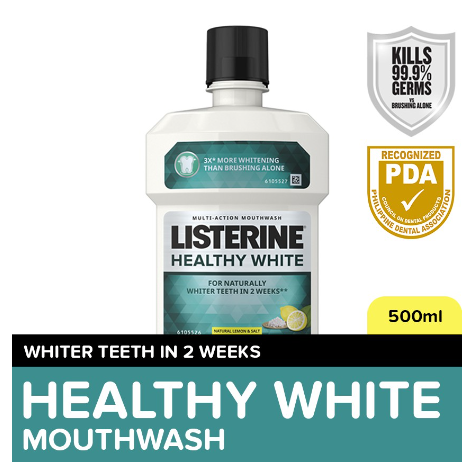 Listerine Healthy White Mouthwash 500ml For Teeth Whitening, Mint Fresh to Fight Bad Breath