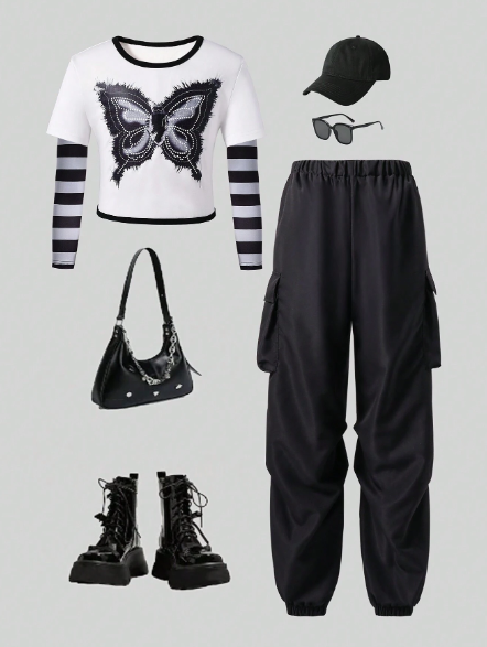 2pcs/Set Teenager Girls Casual Street Fashion Butterfly & Striped Print Sweatshirt & Cargo Pants Outfit