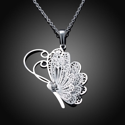 Silver Plated Hollow Butterfly Crystal Pendant Necklace