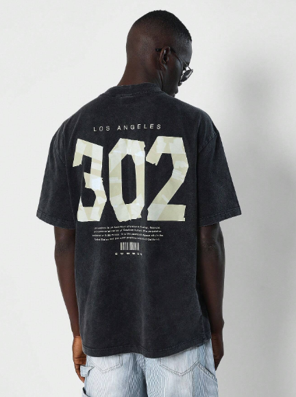 SUMWON Washed Tee With Los Angeles & Number Tape Graphic Print