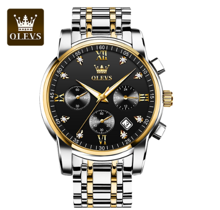 Olevs Watch For Men Quartz Waterproof Multifunction Chronograph Gentleman Stainless Steel Business Watch BLACK DIAL TWO TONE