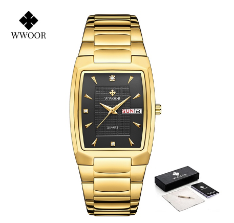 Wwoor Watch Men With Automatic Week Date Luxury Stainless Steel Gold Mens Quartz Wrist Watch BLACK DIAL GOLD CASE STRAP