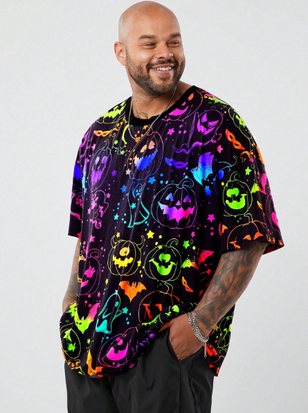 Manfinity CozeMod Plus Size Men's Loose Fit Glow In The Dark Pumpkin Face Print Crew Neck Short Sleeve T-Shirt, Halloween