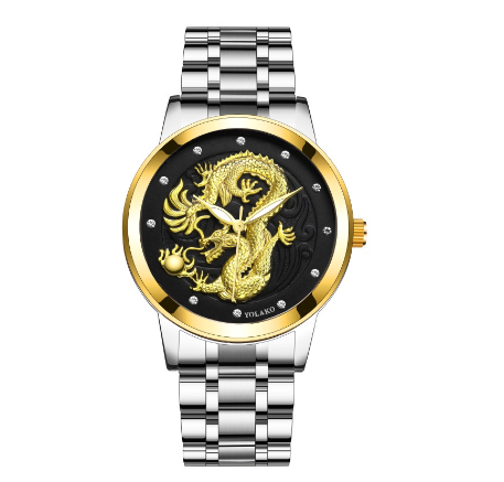 Fashion Men's Full Steel 3D Engraving Gold Dragon Quartz Waterproof Watch Men's Watch SILVER GOLD BLACK
