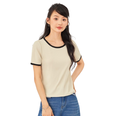 Lovito Casual Plain Contrast Binding Round Neck Short Sleeves T-Shirt for Women LNE07184 (Apricot)