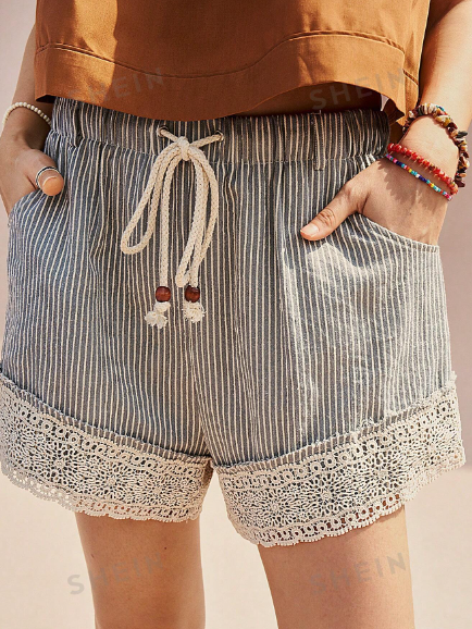 SHEIN BohoFeels Casual Lace Hem Spliced Women Shorts