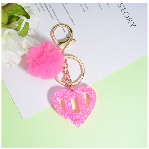 Pink Heart A-Z 26 Initials Keychain With Furball Fashion Letter Resin Keyring For Women Bag Ornaments Car Key Accessories Gifts U