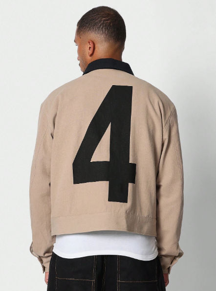 SUMWON Crop Fit Workwear Canvas Jacket With Number Graphic Print