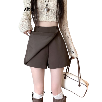 Lovito Women Casual Plain Asymmetrical Fake Pocket Skirts LNE27168 (Sepia)