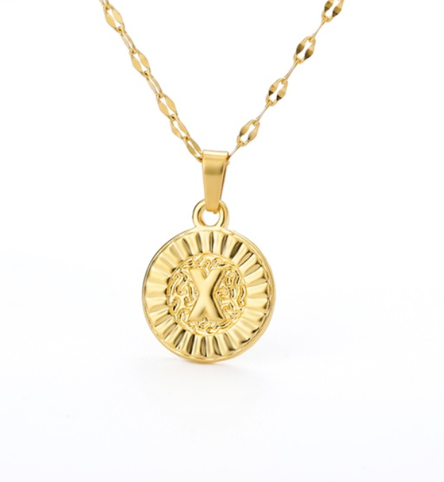 Maxzone A-Z Initial Round Letter Pendant Necklace For Women Stainless Steel Gold Choker Coin Letter Necklace X