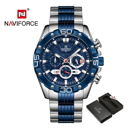 Naviforce NF8019 Men's Luxury Gold Business Classic Quartz Clock Analog Chronograph Sport Waterproof Steel Band Wrist Watch BLUE SILVER