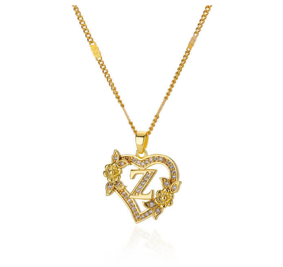 Zircon Stainless Steel Heart Flower Letter Necklaces For Women Gold Color A-Z Letter Heart Necklace Z