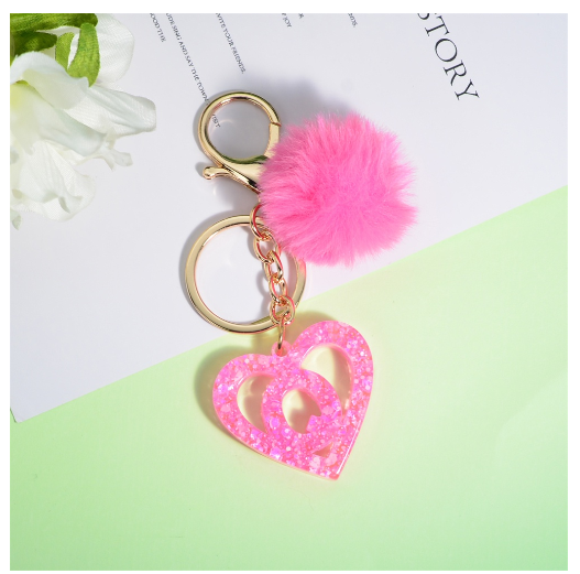 Pink Heart A-Z 26 Initials Keychain With Furball Fashion Letter Resin Keyring For Women Bag Ornaments Car Key Accessories Gifts Q