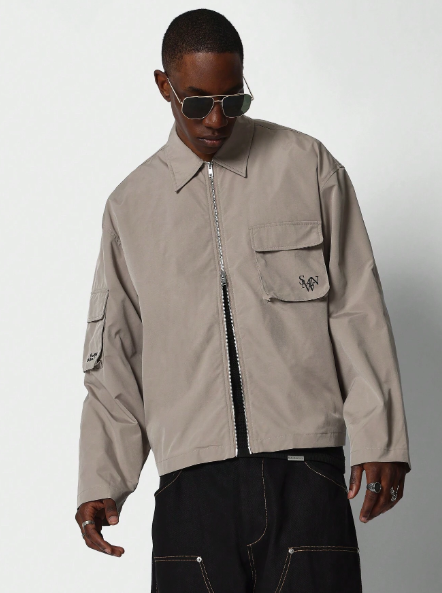 SUMWON Boxy Fit Zip Through Shirt Utility Shirt With Multipocket Detail