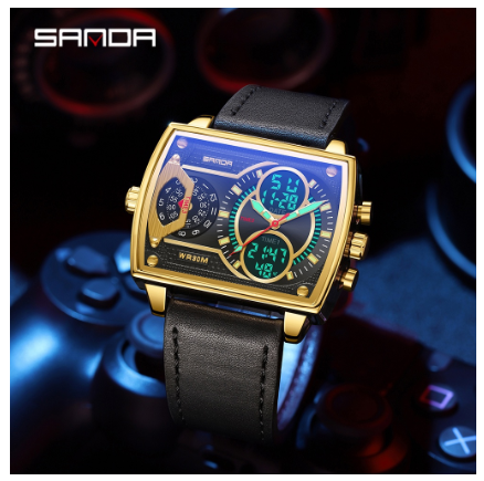 Sanda Multi-function Three Time Zone Luminous Digital LED Display Watch Successful Men Will Burst Out Charm Quartz Watch BLACK GOLD