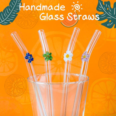 Reusable Straws Clear Glass Straws Colorful Flower Design Size 8.2'' X 8mm with 1 Cleaning Brush for Smoothies, Milkshakes, Juices, Teas