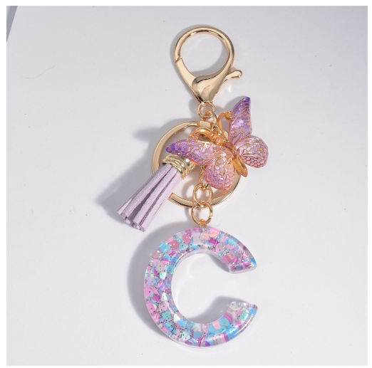 Sweet Heart Sequin Filled A-Z Letter Keychains With Tassel Fashion Butterfly 26 Alphabet Keyring Car Keyholder Birthday Gifts C